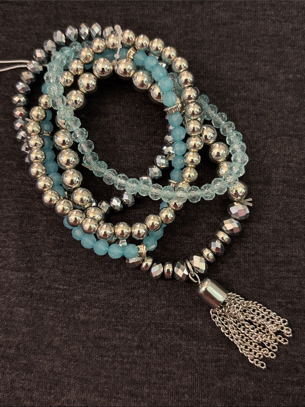 New York & Company Aqua and Silver Beaded Tassel Stretch Bracelet Set
